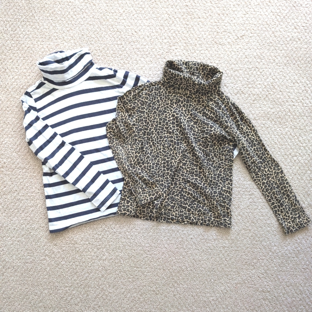 Lot of 2 girls Crewcuts turtlenecks Sz. 6-7 leopard print, navy/white striped